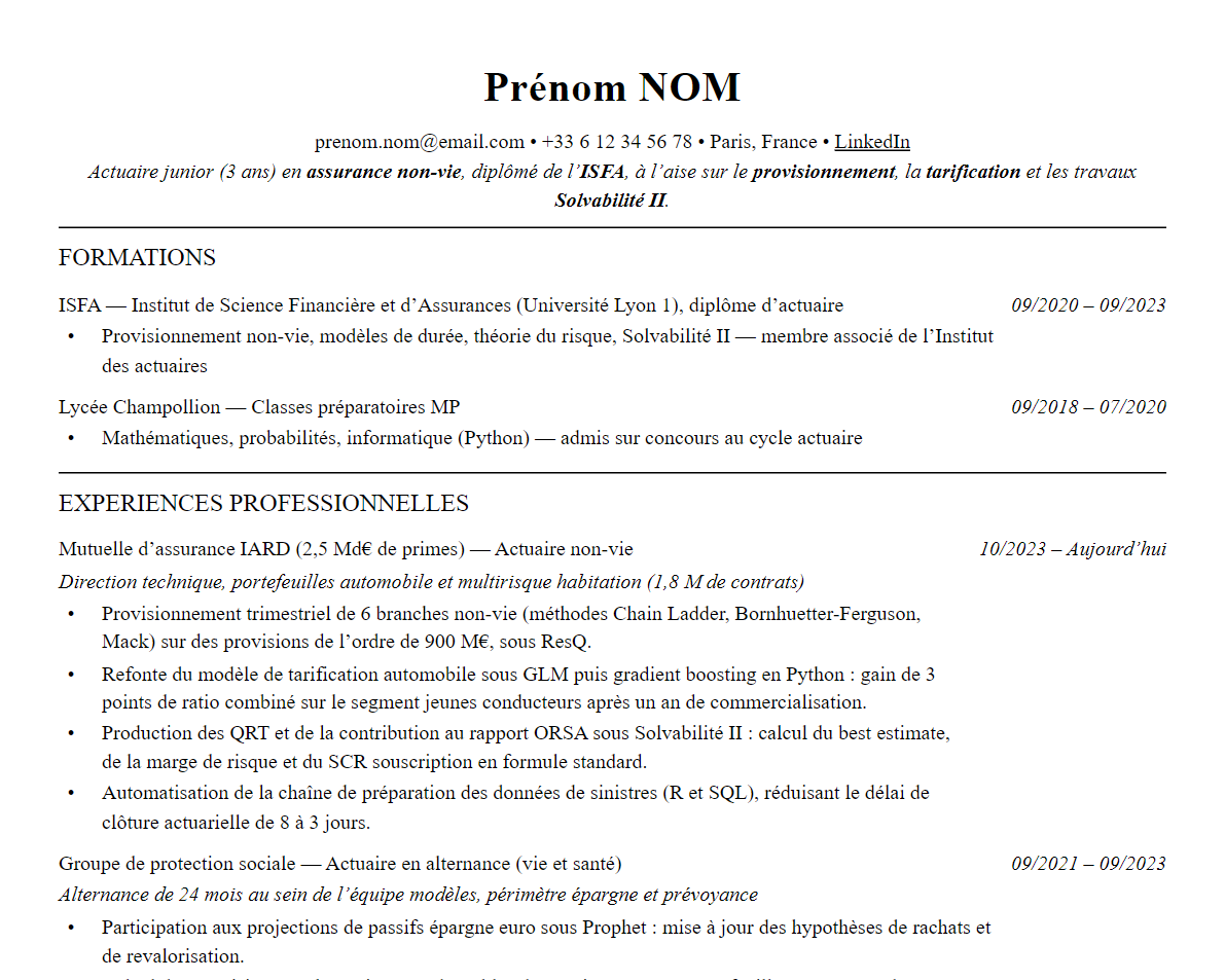 Aperçu : Exemple de CV Actuaire