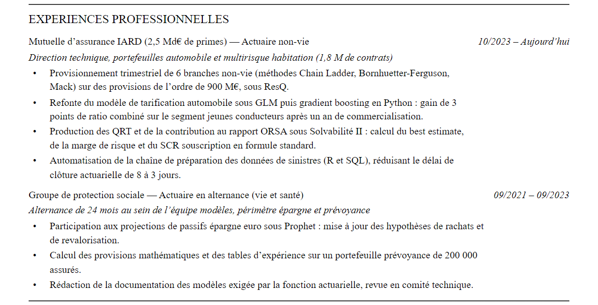 CV actuaire : expériences