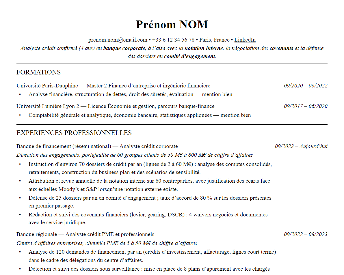 Aperçu : Exemple de CV Analyste crédit
