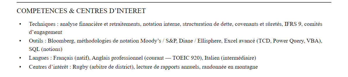 CV analyste crédit : compétences et centres d’intérêt