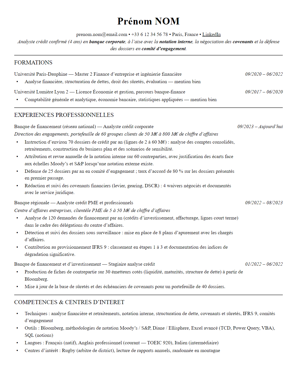 CV analyste crédit complet sur une page