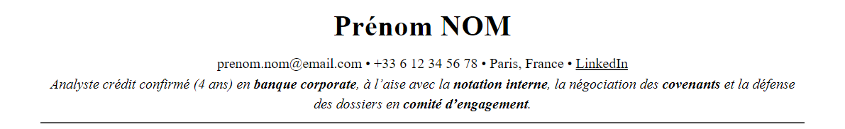 CV analyste crédit : en-tête et accroche