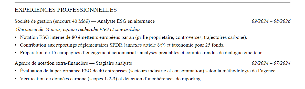 CV Analyste ESG : expériences