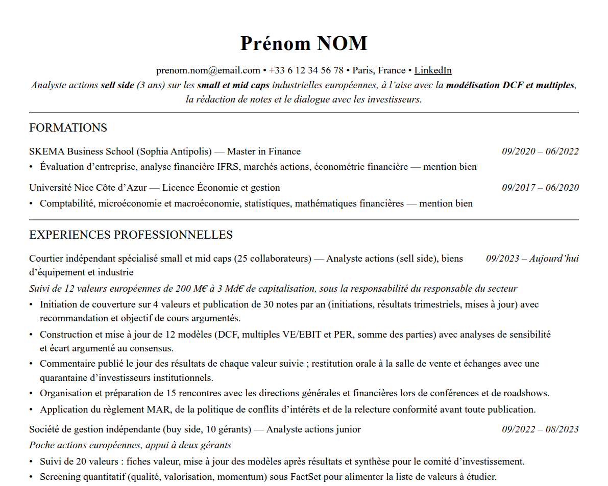 Aperçu : Exemple de CV Analyste financier