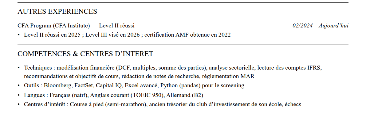 CV analyste financier : compétences et centres d’intérêt