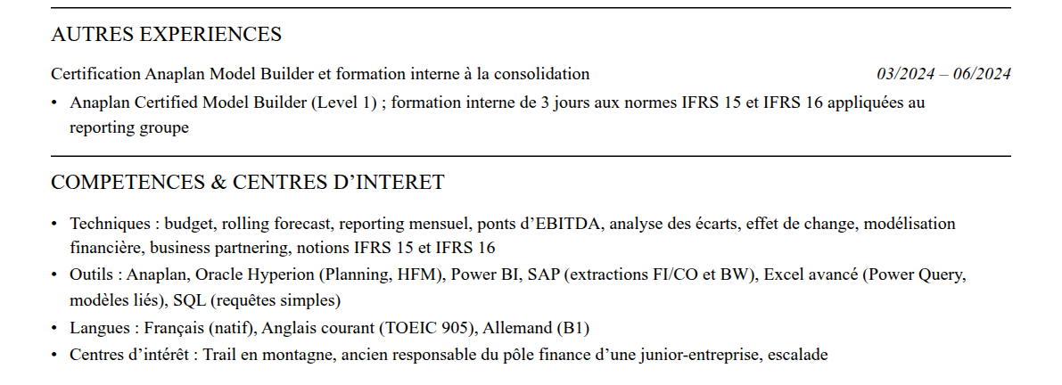 CV analyste fp&a : compétences et centres d’intérêt
