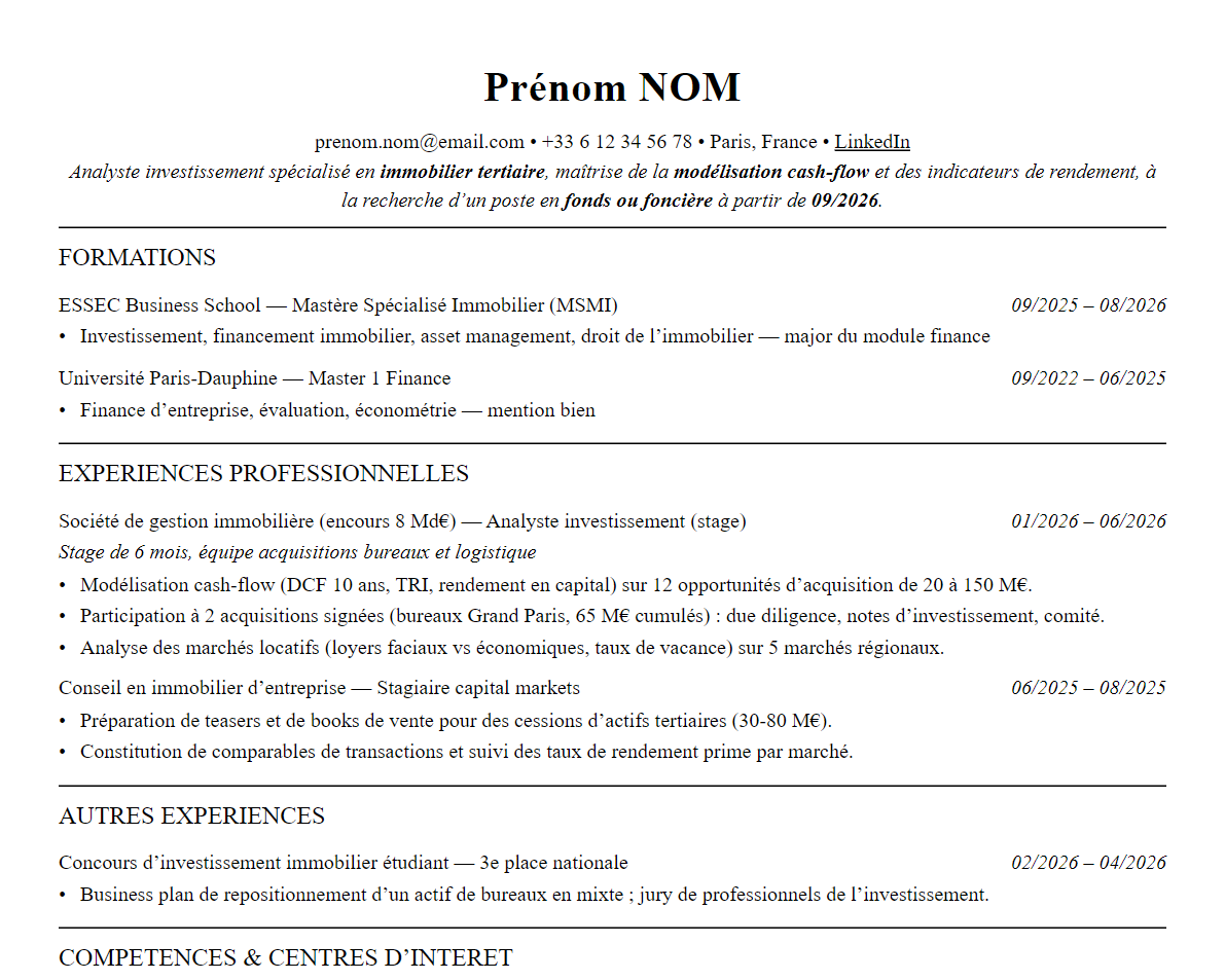 Aperçu : Exemple de CV Analyste immobilier