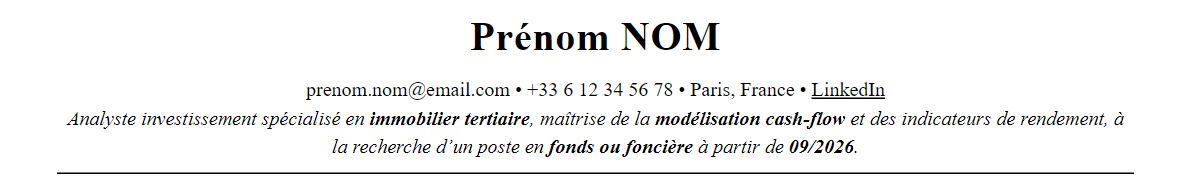 CV Analyste immobilier : en-tête et accroche