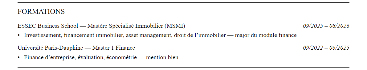 CV Analyste immobilier : formation