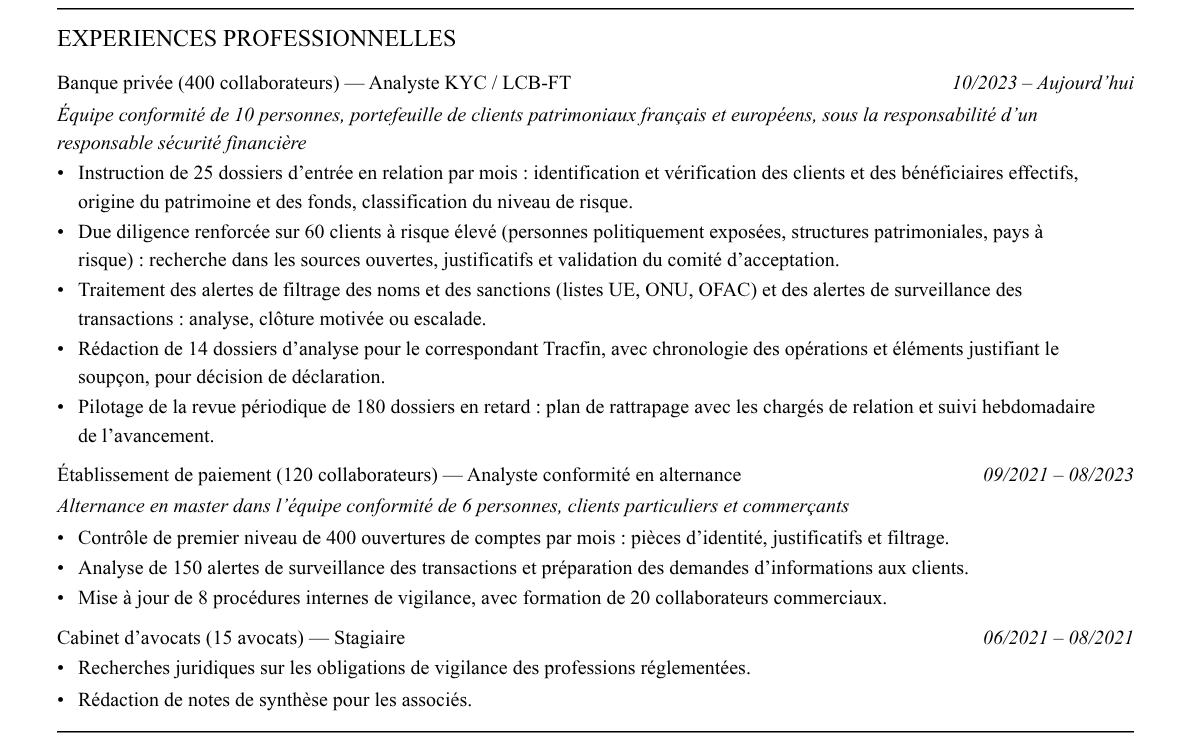 CV analyste kyc / lcb-ft : expériences