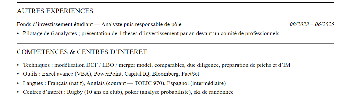 CV Analyste M&A : compétences et centres d’intérêt