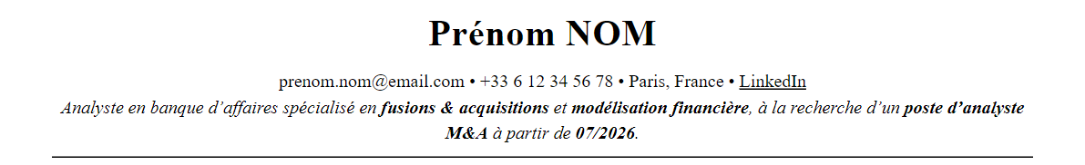 CV Analyste M&A : en-tête et accroche