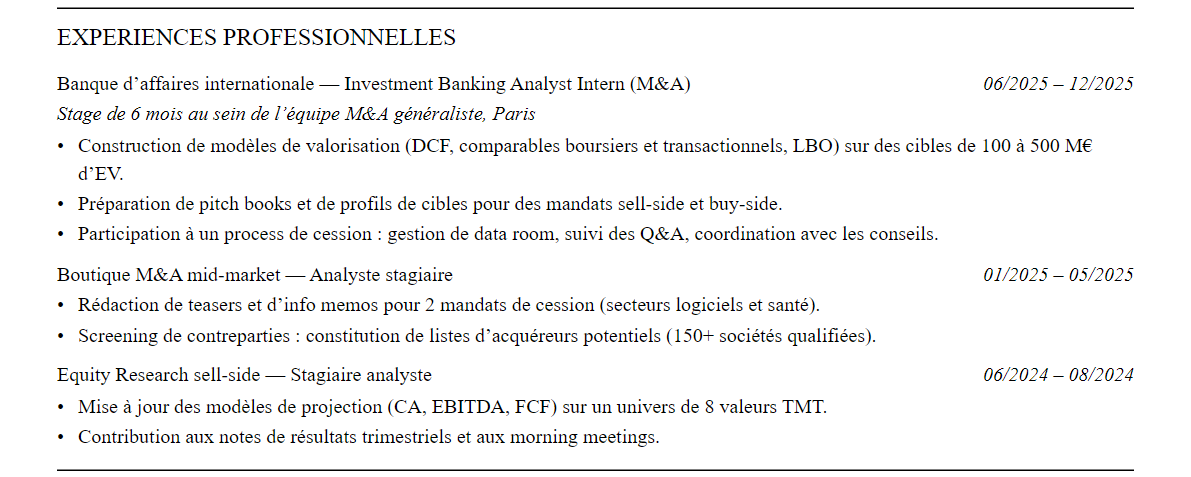 CV Analyste M&A : expériences