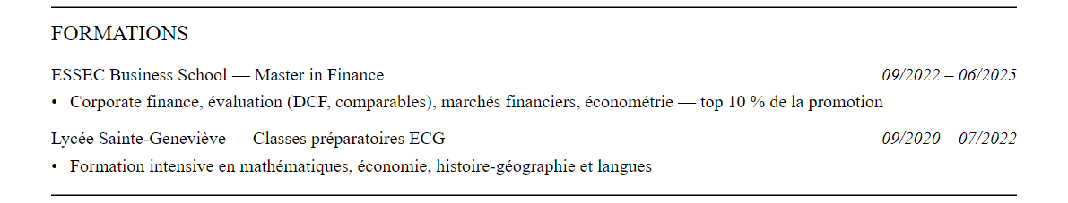 CV Analyste M&A : formation