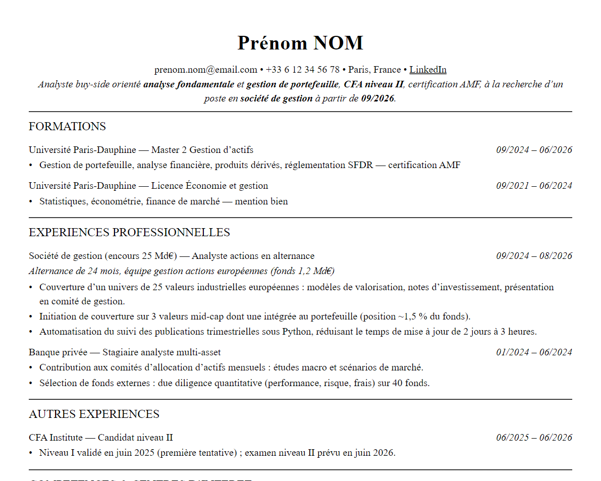Aperçu : Exemple de CV Asset Management