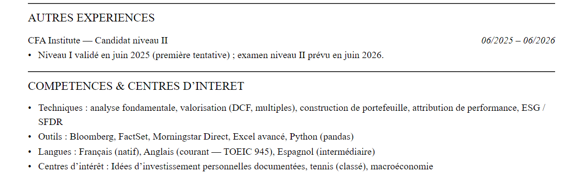 CV Asset Management : compétences et centres d’intérêt