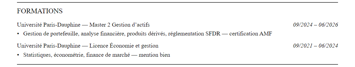CV Asset Management : formation