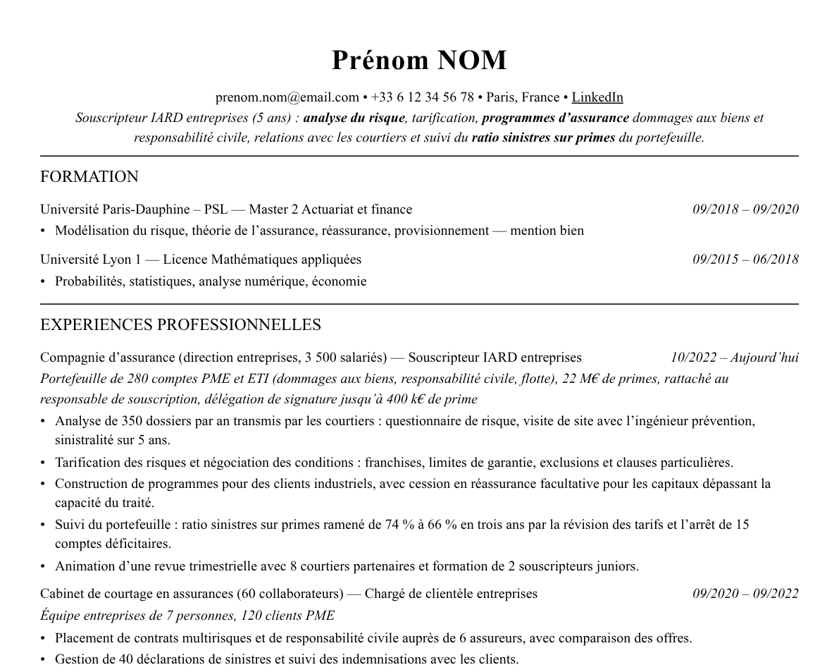 Aperçu : Exemple de CV Souscripteur en assurance
