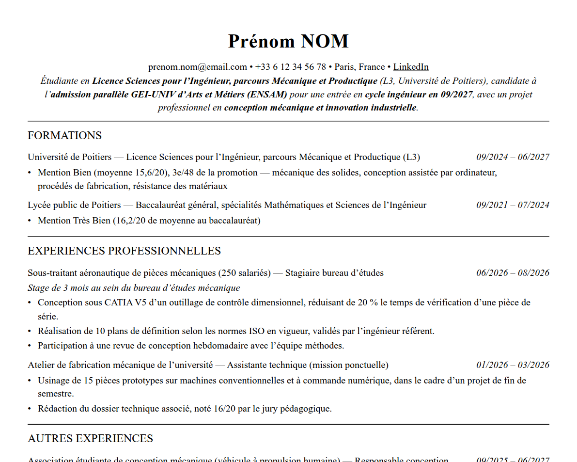 Aperçu : Exemple de CV Admission parallèle Arts et Métiers (ENSAM)