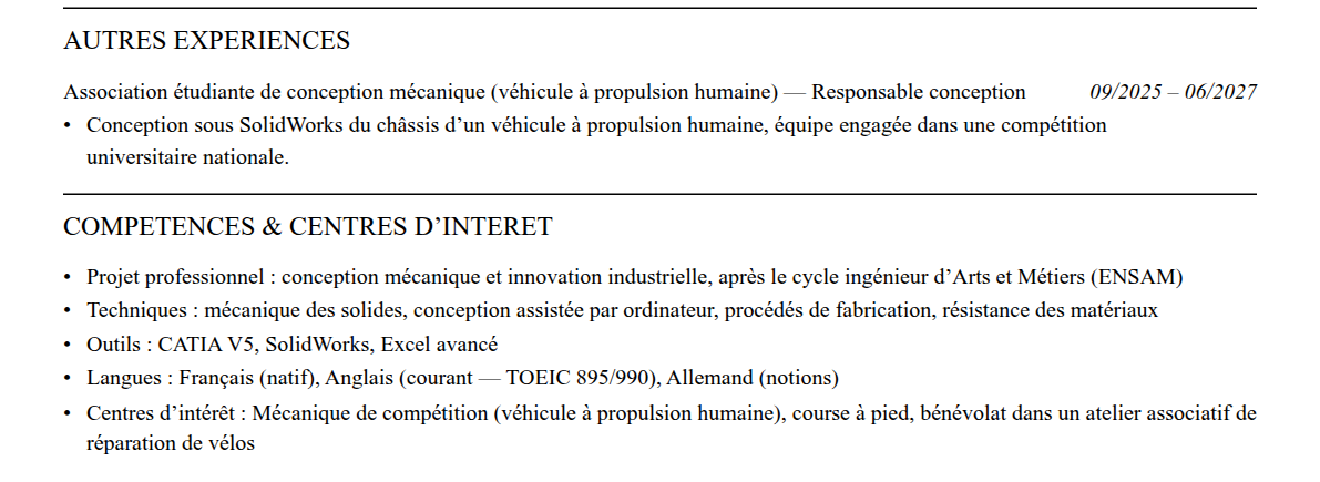 CV admission parallèle arts et métiers (ensam) : compétences et centres d’intérêt