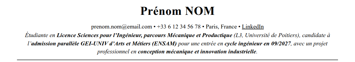 CV admission parallèle arts et métiers (ensam) : en-tête et accroche