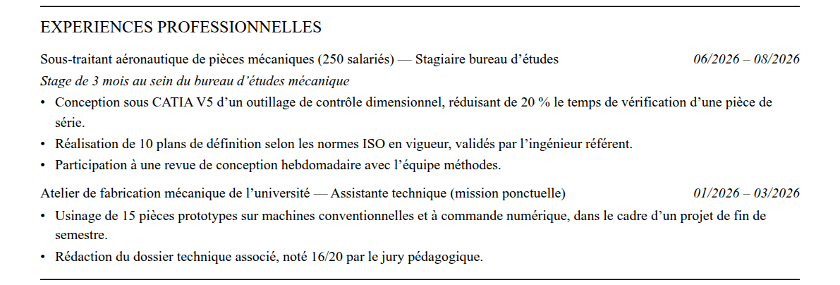 CV admission parallèle arts et métiers (ensam) : expériences
