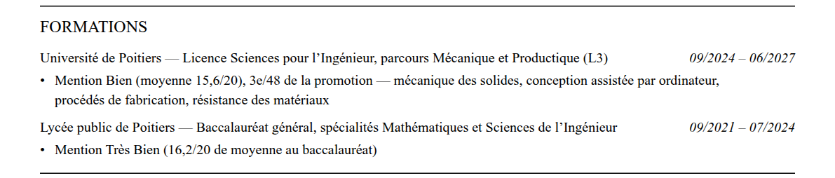 CV admission parallèle arts et métiers (ensam) : formation