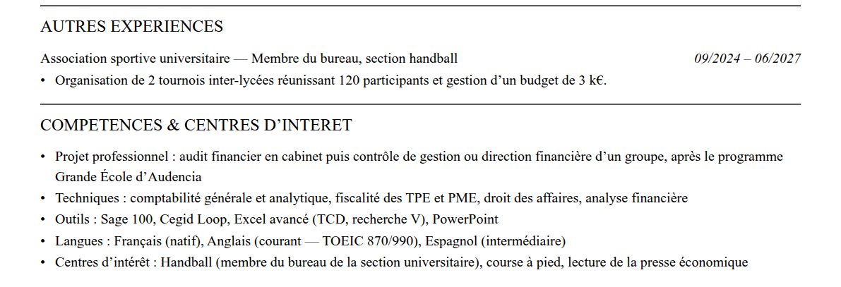 CV admission parallèle audencia : compétences et centres d’intérêt