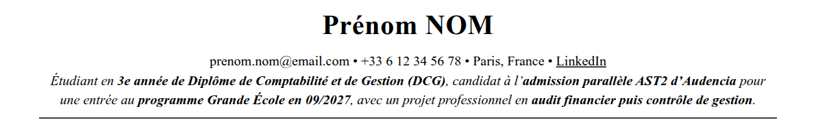 CV admission parallèle audencia : en-tête et accroche