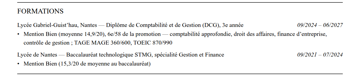 CV admission parallèle audencia : formation