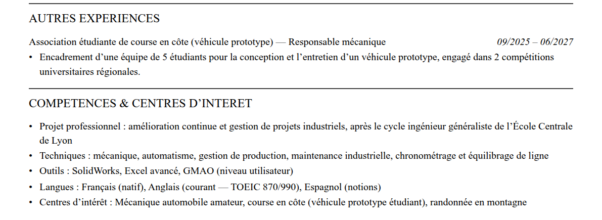 CV admission parallèle école centrale de lyon : compétences et centres d’intérêt