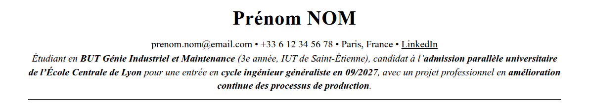 CV admission parallèle école centrale de lyon : en-tête et accroche