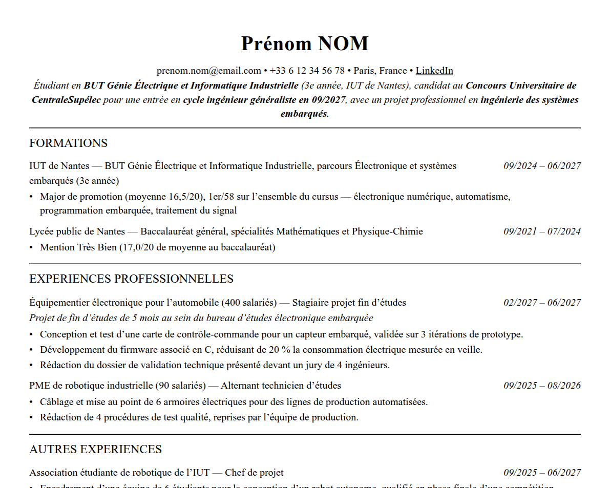 Aperçu : Exemple de CV Admission parallèle CentraleSupélec
