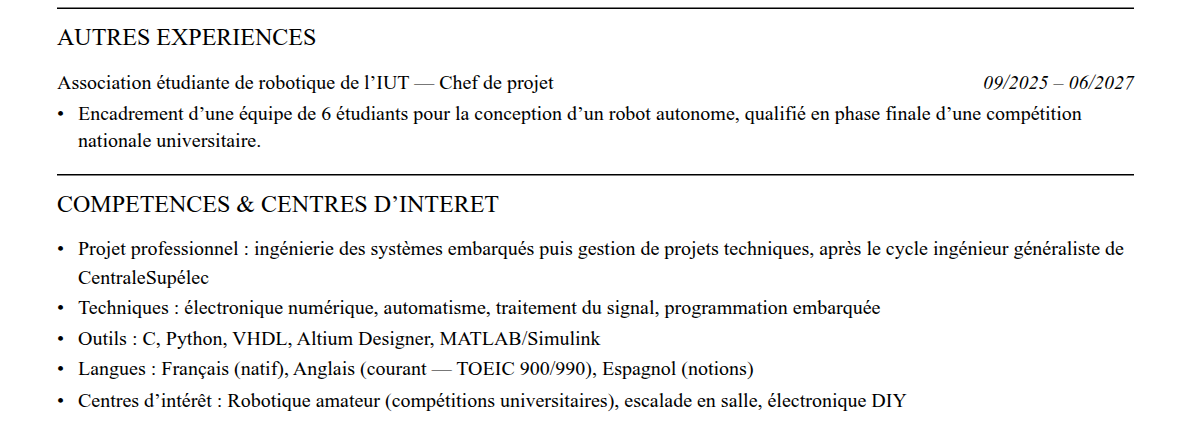 CV admission parallèle centralesupélec : compétences et centres d’intérêt