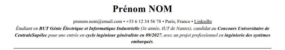 CV admission parallèle centralesupélec : en-tête et accroche