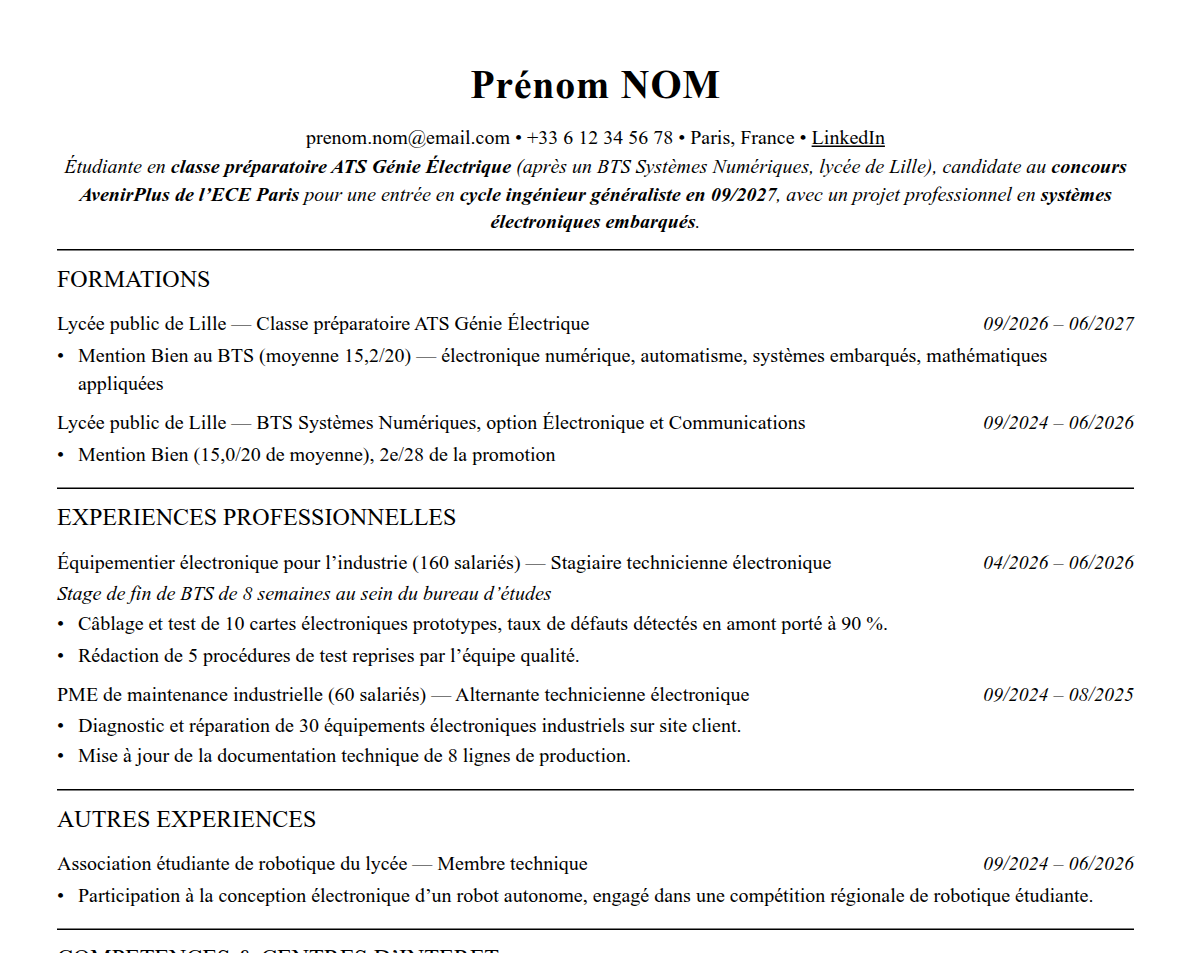 Aperçu : Exemple de CV Admission parallèle ECE Paris