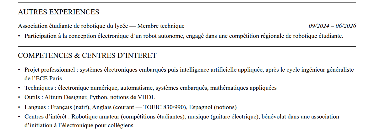 CV admission parallèle ece paris : compétences et centres d’intérêt
