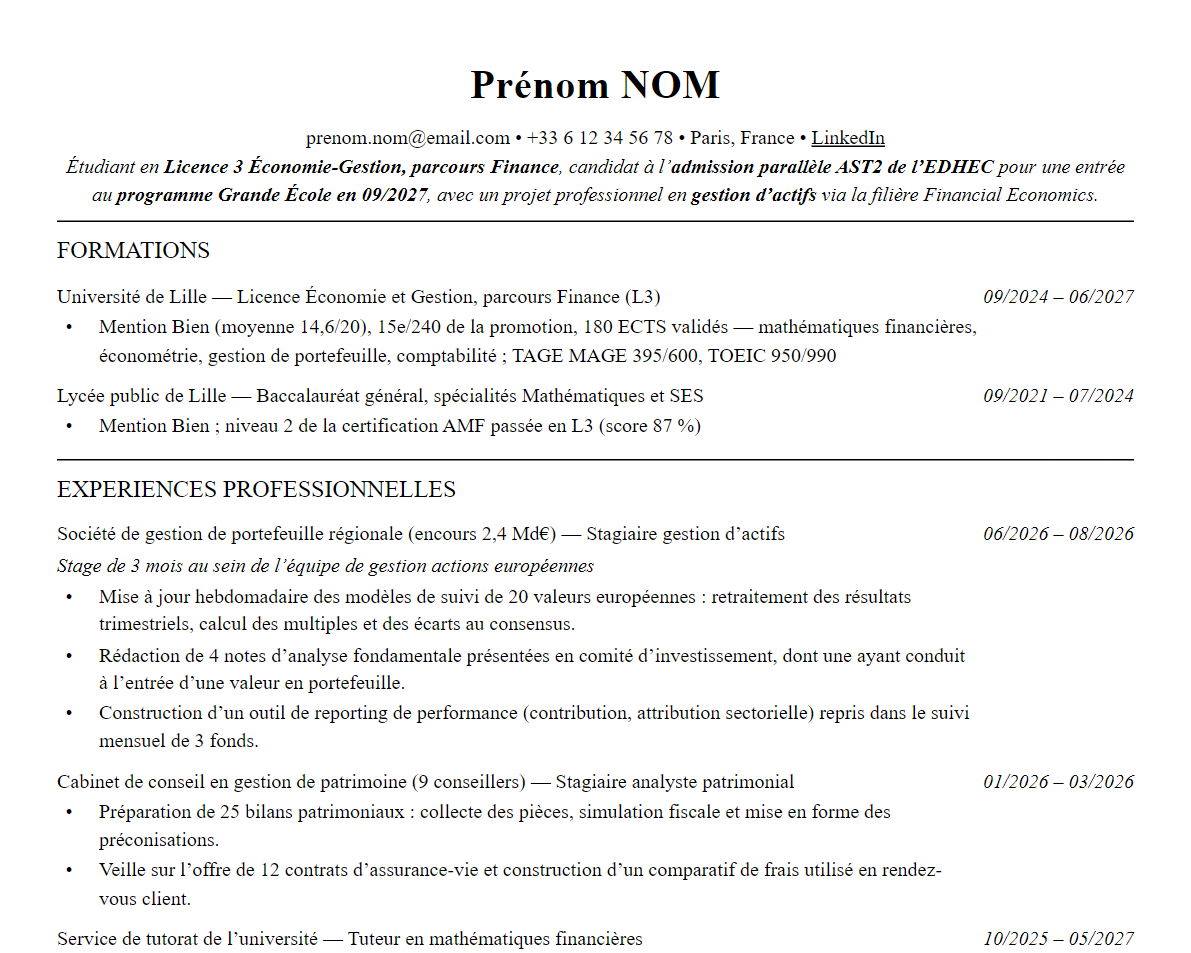 Aperçu : Exemple de CV Admission parallèle EDHEC