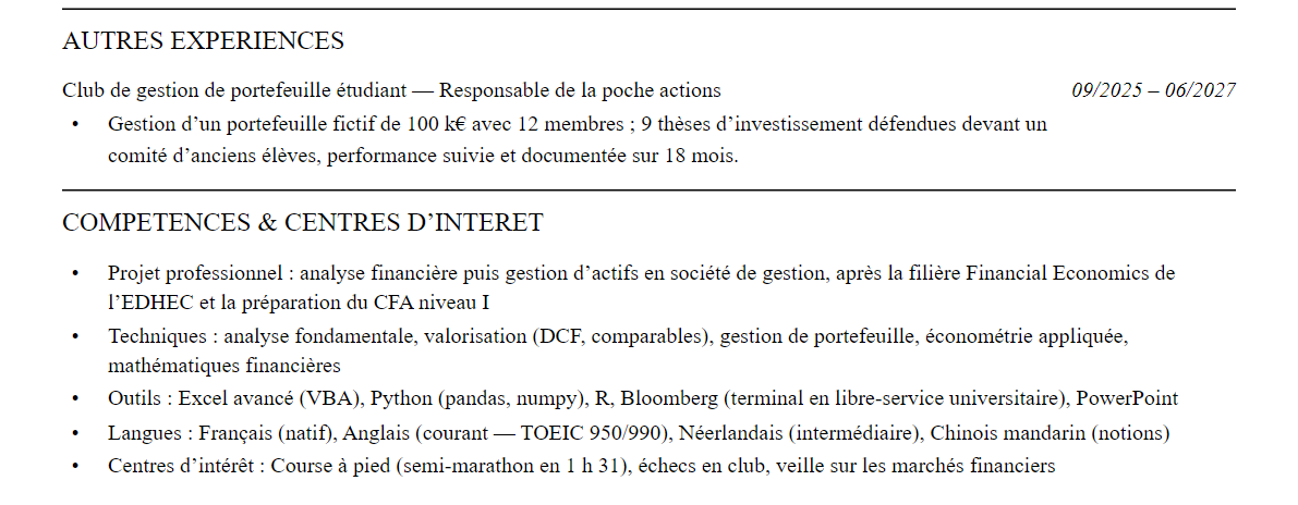CV admission parallèle edhec : compétences et centres d’intérêt