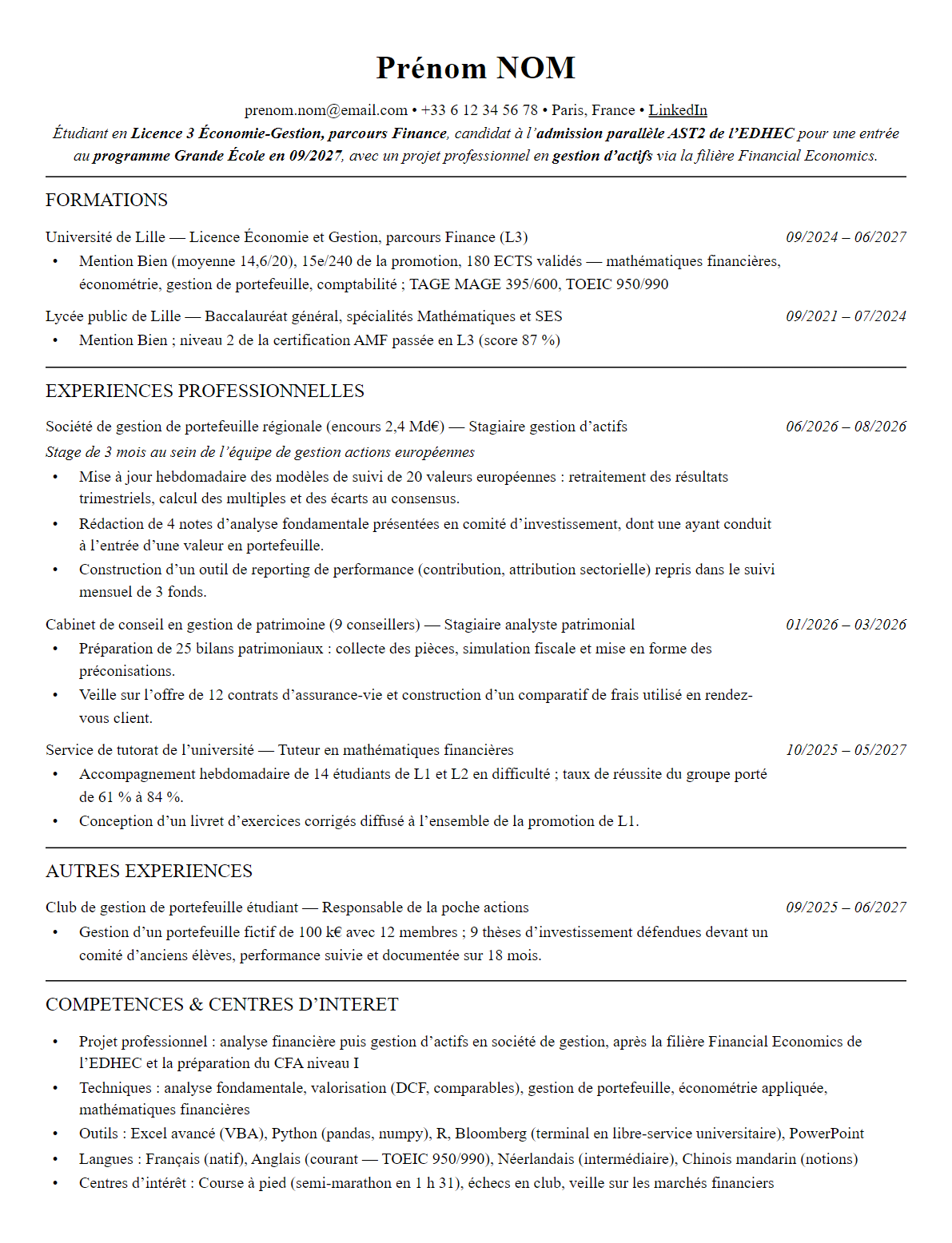 CV admission parallèle edhec complet sur une page