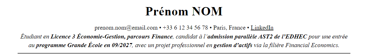 CV admission parallèle edhec : en-tête et accroche
