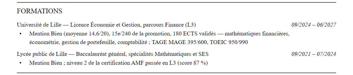 CV admission parallèle edhec : formation