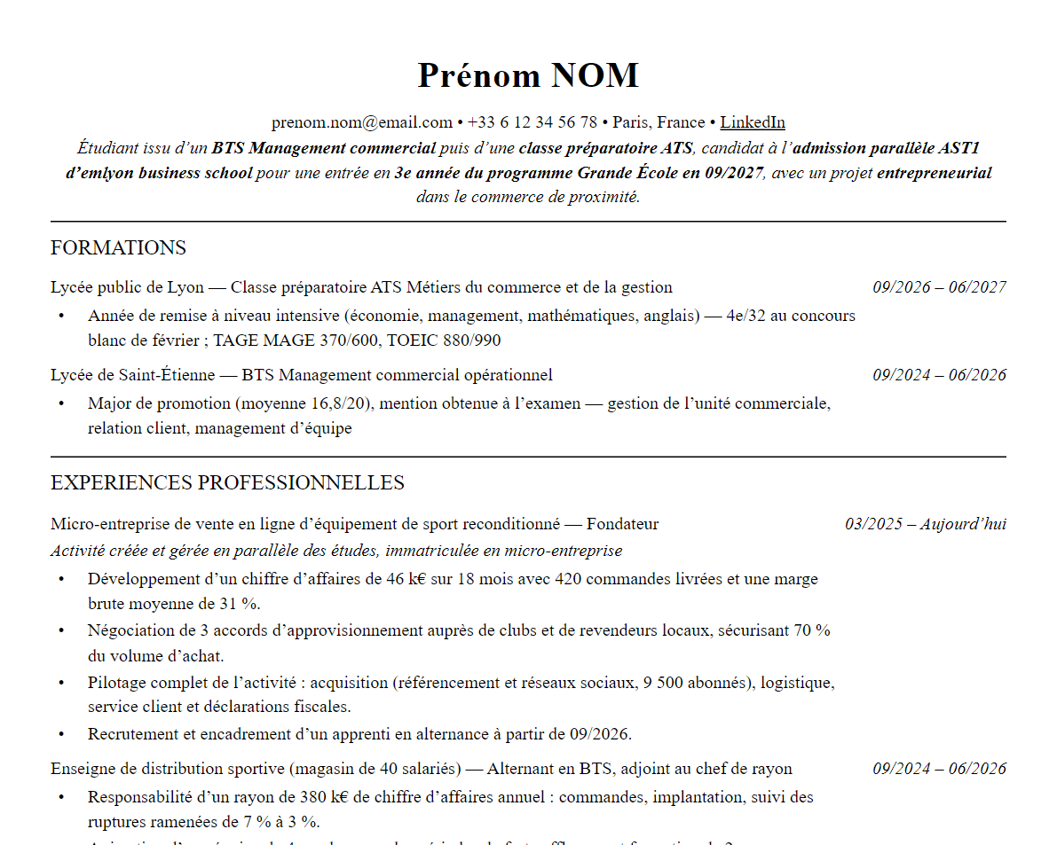 Aperçu : Exemple de CV Admission parallèle emlyon