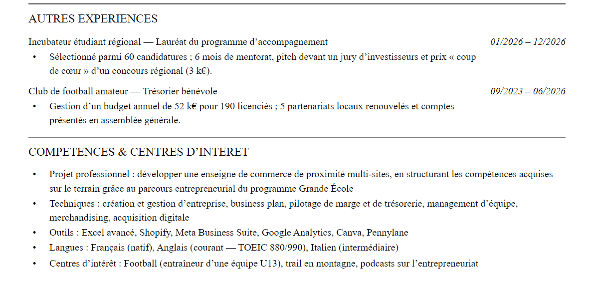 CV admission parallèle emlyon : compétences et centres d’intérêt