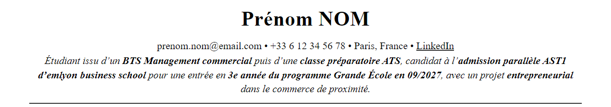 CV admission parallèle emlyon : en-tête et accroche