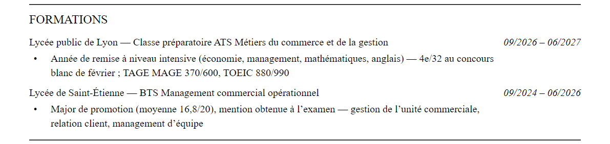 CV admission parallèle emlyon : formation