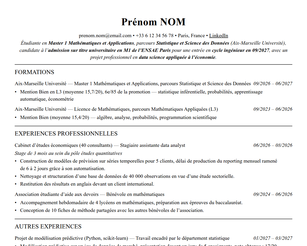 Aperçu : Exemple de CV Admission parallèle ENSAE Paris