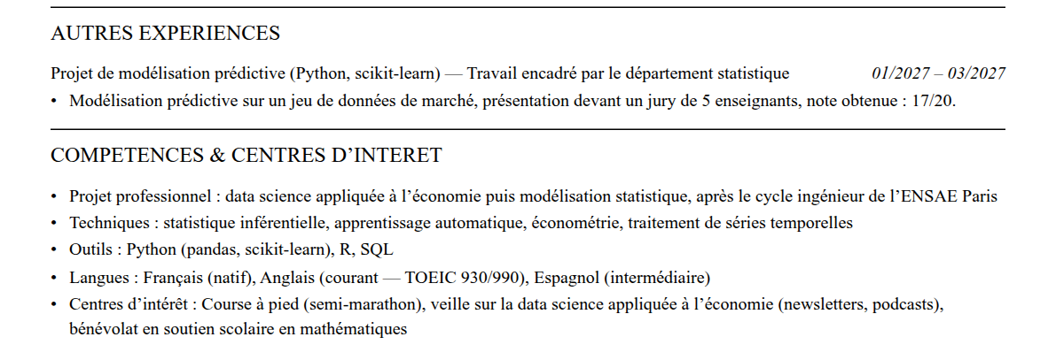 CV admission parallèle ensae paris : compétences et centres d’intérêt