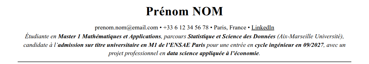 CV admission parallèle ensae paris : en-tête et accroche
