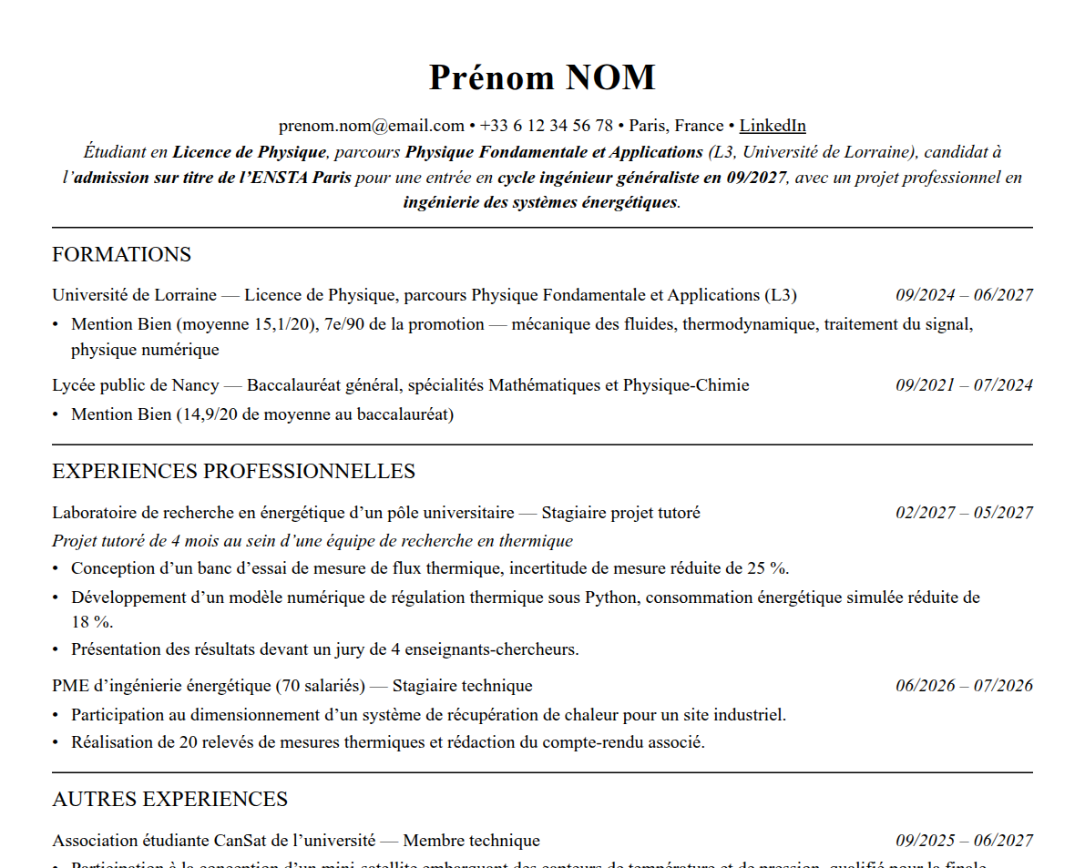 Aperçu : Exemple de CV Admission parallèle ENSTA Paris